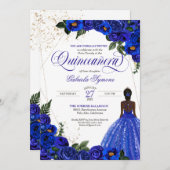 ブルー王室のフローラバラ&金ゴールドキンセエレガントーニラ 招待状 (正面/裏面)