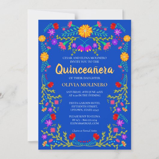 ブルー王室のフローラフォークアートメキシコキンセアニェラ マグネット招待状 (正面)