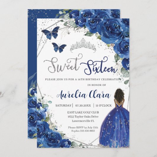 ブルー王室のフローラブラウンプリンセススウィート16誕生日 招待状 (正面/裏面)