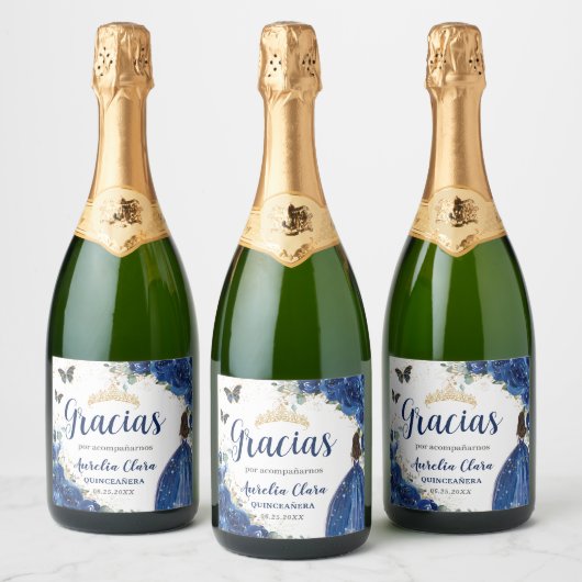 ブルー王室のフローラプリンセスドレス金ゴールドキンセアニラ スパークリングワインラベル (ボトル)