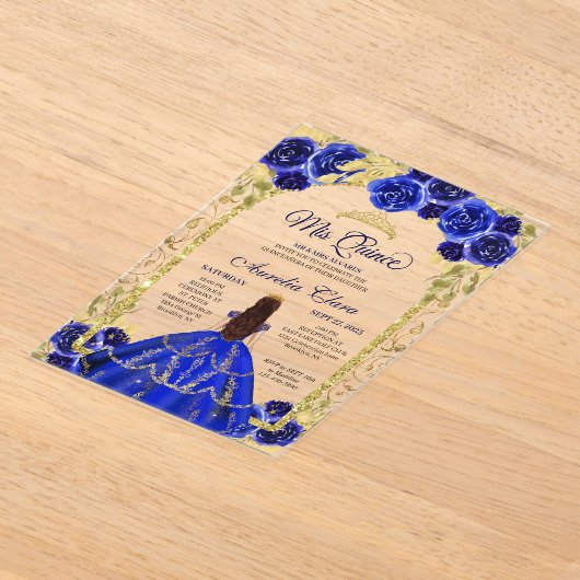 ブルー王室のフローラプリンセス金ゴールドアーチキンセアニェラ アクリル招待状 (レイダウン)