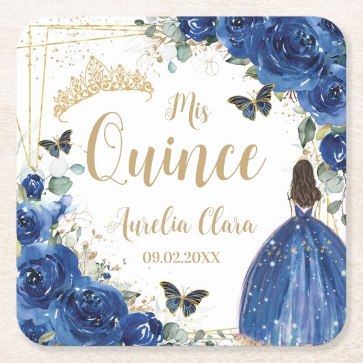 ブルー王室のフローラプリンセス金ゴールドキンセアニラ16 15 スクエアペーパーコースター (正面)
