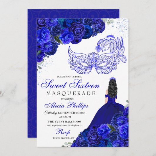 ブルー王室のフローラマスカレードスウィート16招待状 招待状 (正面/裏面)