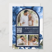 ブルー王室のフローラメイスンジャーQRコードネイビー結婚ズ 招待状 (裏面)