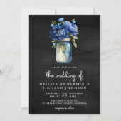 ブルー王室のフローラメイスンジャーQRコードブラック結婚ズ 招待状 (正面)