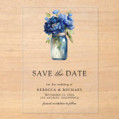 ブルー王室のフローラメーソンジャール結婚式の日付を保存 アクリル招待状 (正面)