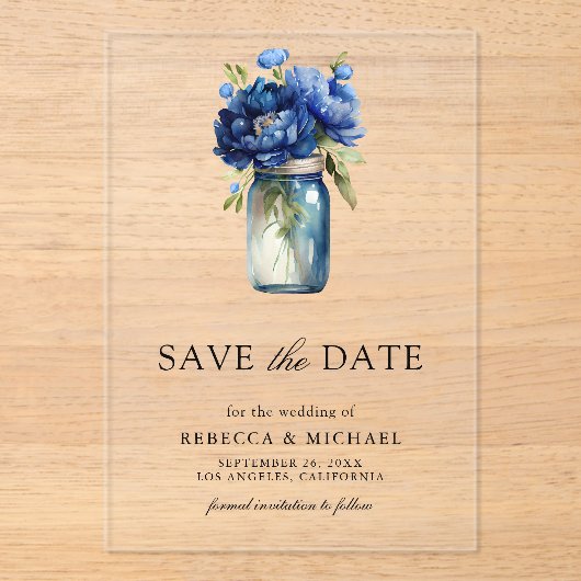 ブルー王室のフローラメーソンジャール結婚式の日付を保存 アクリル招待状 (正面)