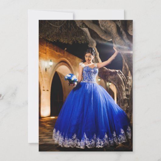 ブルー王室のフローラ幾何学写真キンセアニラ 招待状 (裏面)