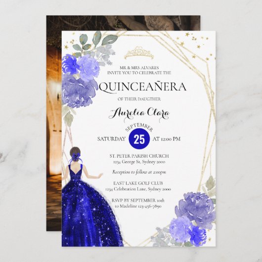 ブルー王室のフローラ幾何学写真キンセアニラ 招待状 (正面/裏面)