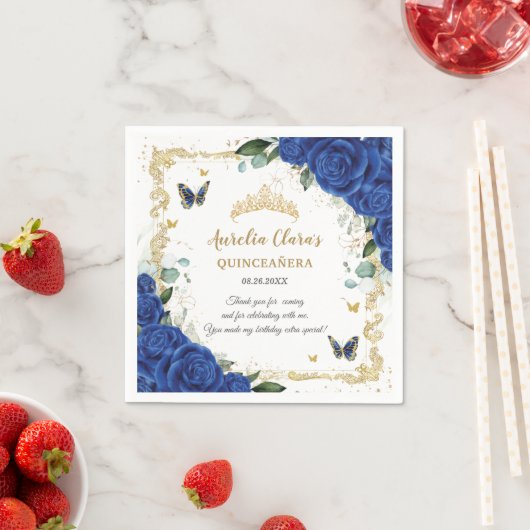 ブルー王室のフローラ蝶金ゴールドキンセアニラ16 スタンダードカクテルナプキン (インサイチュ)