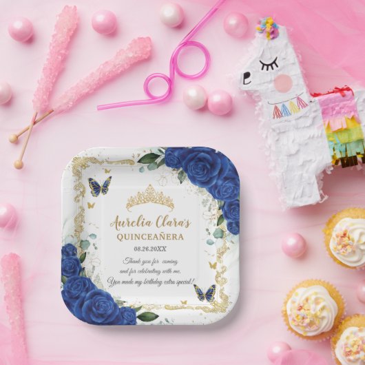 ブルー王室のフローラ蝶金ゴールドキンセアニラ16 ペーパープレート (パーティー)