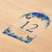 ブルー王室のフローラ金ゴールドキンセアニラ16テーブル番号 アクリル招待状 (レイダウン)