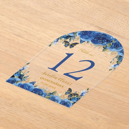 ブルー王室のフローラ金ゴールドキンセアニラ16テーブル番号 アクリル招待状 (レイダウン)