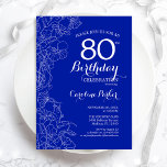 ブルー王室のフローラ80th誕生日パーティー 招待状<br><div class="desc">ブルー王室のフローラ80th Birthday Partyへの招待。ボタニカルモダンアウトラインスケッチのアクセントとタイポグラフィスクリプトフォントを特徴とするミニマルデザイン。トレンディーシンプル招待状カードは女性の日スタイリッシュお祝いに最適。任意のカスタマイズ年齢にすることができる。印刷されたZazzle招待状または即時ダウンロードのデジタル印刷可能なテンプレート。</div>