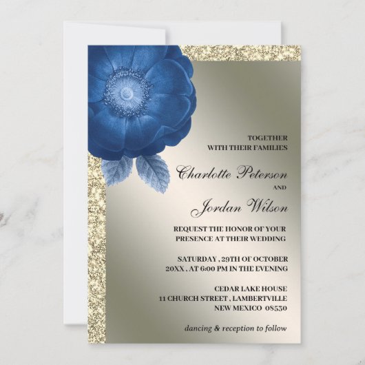 ブルー王室のフローラ&シルバーグリッター結婚ズ 招待状 (正面)