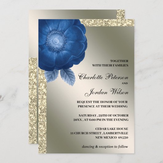 ブルー王室のフローラ&シルバーグリッター結婚ズ 招待状 (正面/裏面)