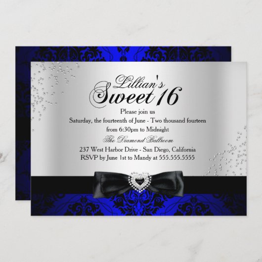 ブルー王室のブラックダマスクスパークルスウィート16招待状 招待状 (正面/裏面)