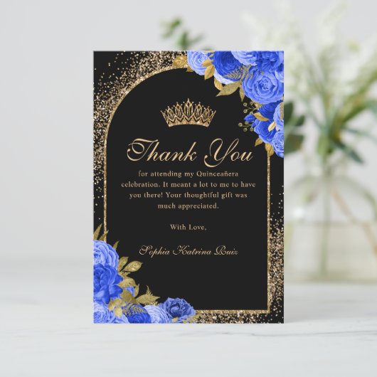 ブルー王室のブラック金ゴールドグリッターフローラキンセアニェラ サンキューカード (スタンド正面)
