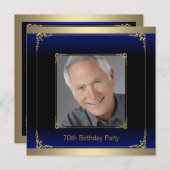 ブルー王室のブラック&金ゴールド誕生日パーティー 招待状 (正面/裏面)