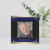 ブルー王室のブラック&金ゴールド誕生日パーティー 招待状 (スタンド正面)