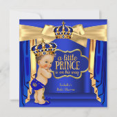 ブルー王室のプリンスベビーシャワー金ゴールドクラウンブルネット 招待状 (正面)
