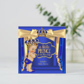 ブルー王室のプリンスベビーシャワー金ゴールドクラウンブロンド 招待状 (スタンド正面)