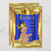 ブルー王室のプリンスベビーシャワー金ゴールドブルネットボーイ 招待状 (正面/裏面)