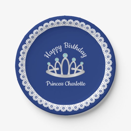 ブルー王室のプリンセスティアラ誕生日紙プレート ペーパープレート (正面)