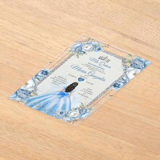 ブルー王室のプリンセスフローラシルバークラウンミンス アクリル招待状 (レイダウン)