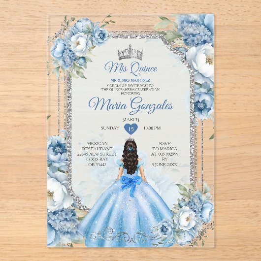 ブルー王室のプリンセスフローラシルバークラウンミンス アクリル招待状 (正面)