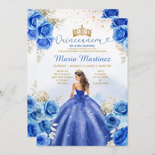 ブルー王室のプリンセスフローラ金ゴールドクラウンキンセアニラ 招待状 (正面/裏面)