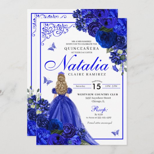 ブルー王室のプリンセス&バタフライキンセアニラ 招待状 (正面/裏面)