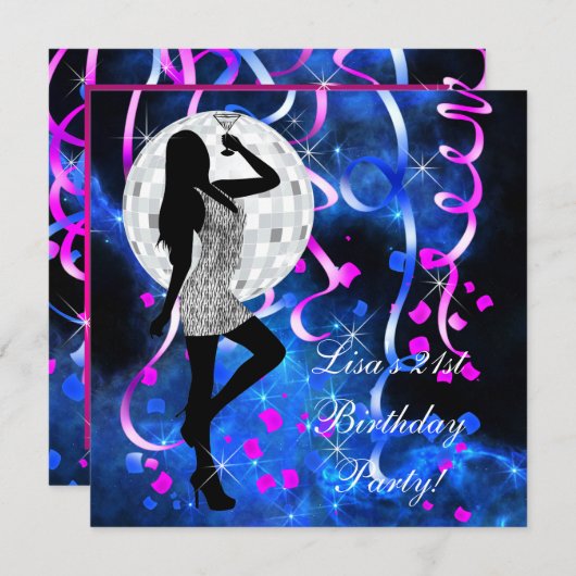 ブルー王室のホットピンク21歳のパーティー 招待状 (正面/裏面)