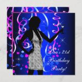 ブルー王室のホットピンク21歳のパーティー 招待状 (正面/裏面)