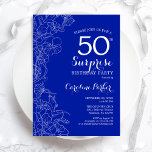 ブルー王室のホワイトサプライズ50th誕生日パーティー 招待状<br><div class="desc">フローラ王室のブルーホワイトサプライズ50thバースデーパーティーへの招待。ボタニカルモダンアクセントとタイポグラフィスクリプトフォントを搭載したミニマルデザイン。フローラシンプル招待状カードは女性の驚きの日のスタイリッシュお祝いに最適。任意のカスタマイズ年齢にすることができる。印刷されたZazzle招待状または即時ダウンロードのデジタル印刷可能なテンプレート。</div>