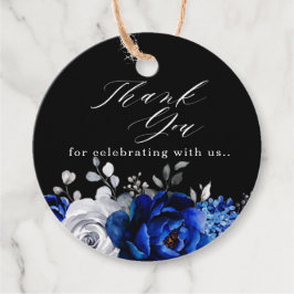 ブルー王室のホワイトシルバーフローラありがとうメッセージカード フェイバータグ