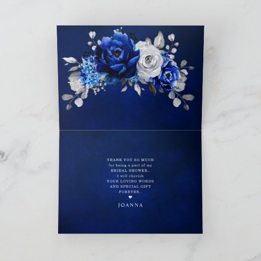ブルー王室のホワイトシルバーフローラブライダルシャワー サンキューカード (内部)