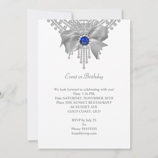 ブルー王室のホワイトダイヤモンドパールバースデーパーティー 招待状 (裏面)