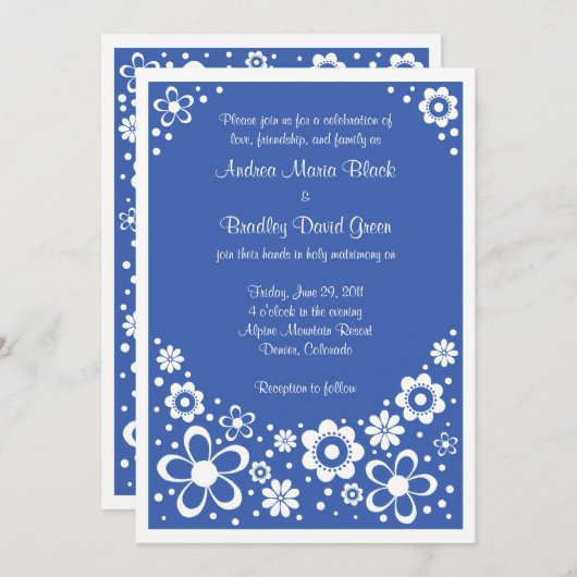 ブルー王室のホワイトフローラ結婚式招待状 招待状 (正面/裏面)