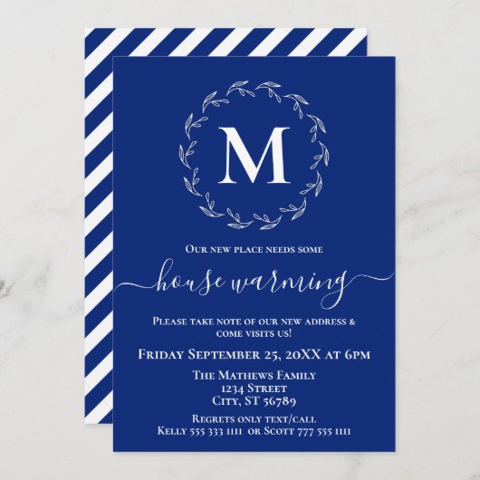 ブルー王室のホワイトリースモノグラムハウスウォーミング 案内状 (正面/裏面)