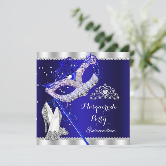 ブルー王室のマスカレードキンセアニェラパーティーマスクヒール 招待状 (スタンド正面)