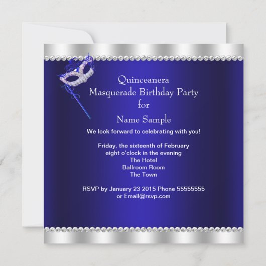 ブルー王室のマスカレードキンセアニェラパーティーマスクヒール 招待状 (裏面)