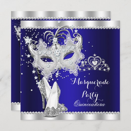 ブルー王室のマスカレードキンセアニェラマスクハイヒール 招待状 (正面/裏面)