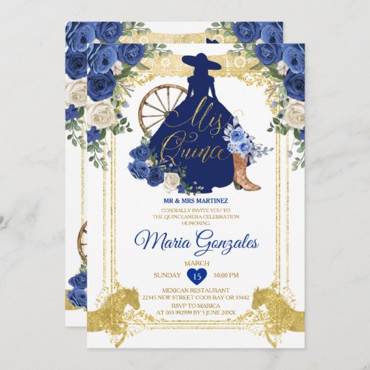 ブルー王室のミクインズ15アノス金ゴールドグリッター 招待状 (正面/裏面)