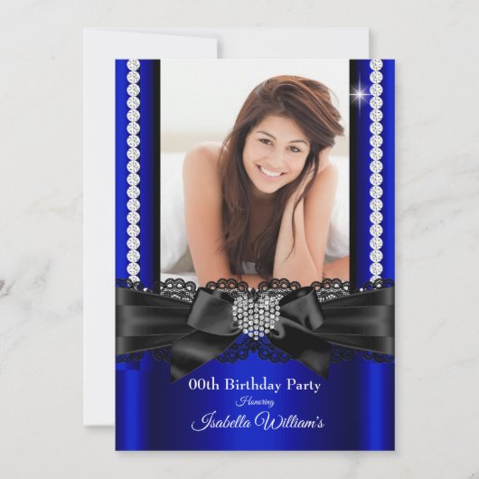 ブルー王室のレースダイヤモンドハートフォトバースデーパーティー 招待状 (正面)