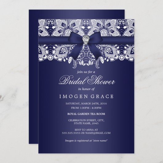 ブルー王室のレース&ボウブライダルシャワー 招待状 (正面/裏面)