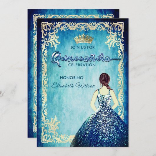 ブルー王室のヴィンテージガールティアラキンセアニラ 招待状 (正面/裏面)