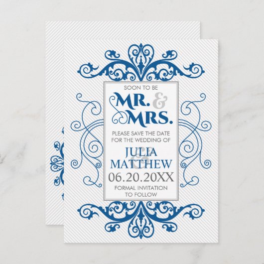 ブルー王室のヴィンテージスワーズ結婚式の日付を保存 案内ポストカード (正面/裏面)