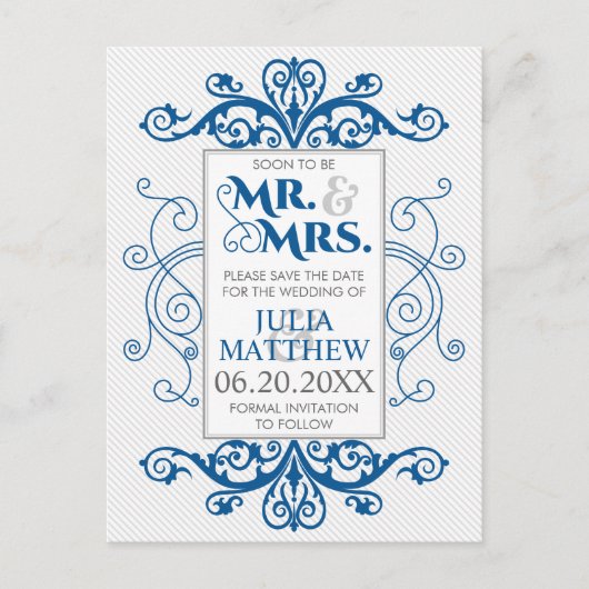 ブルー王室のヴィンテージスワーズ結婚式の日付を保存 案内ポストカード (正面)