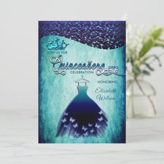 ブルー王室のヴィンテージドレスダマスクティアラ・キンセアニラ 招待状 (スタンド正面)